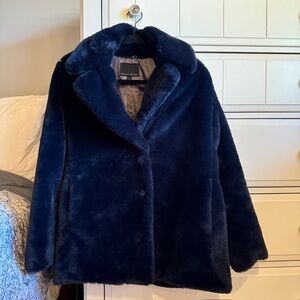 Navy faux fur car coat- BARELY WORN!